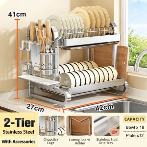 SJORAGE On Hand🔥2/3Tier Stainless Steel Drain Tray Dish Drying Rack Cutlery Holder Multi-functional Kitchen Storage Organizer