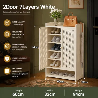 Bamboo Shoe Cabinet With Rattan Door Multi-layer Rack Organizer Indoor Breathable Dustproof 2/3/4Doors