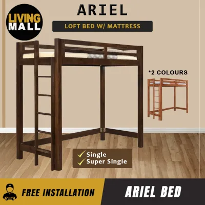 Living Mall Ariel Wooden Loft Bed Single Super Single Solid Rubberwood Bed Frame w/ Mattress Option
