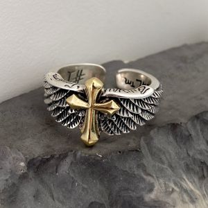 Cincin Salib Sayap Gold Perak Sterling  S925 Anti Karat Anti Luntur Adjustable / Cross Angel Wing Open Ring Men Women Hip Hop Rock Jewelry Street Fashion Graffiti Alphabet / Cincin Pria Wanita Pola Monogram Grafiti Silang Sayap Malaikat Antik