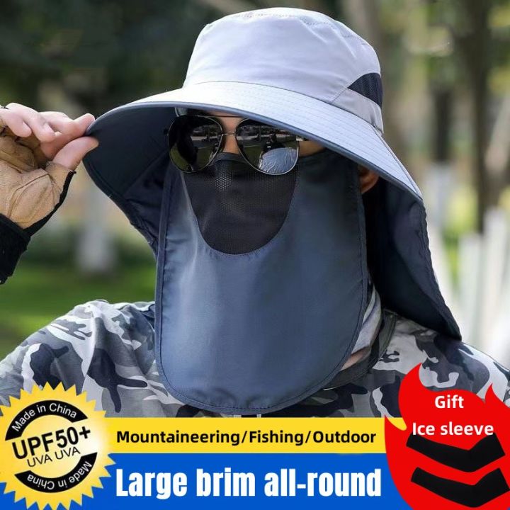 Free Ice Sleeves】Men Fishing Hat Outdoor Fisherman Hat Cap Sun Protection  UV-proof Sun Hats Cover Face