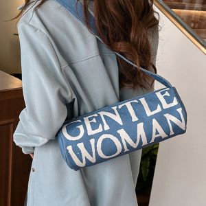 COLOO Denim Fabric Gentlewoman Cylinder Shoulder Bag Thai Co-brand Letter Printing Korean Canvas Bag Mummy Bag Large Capacity Women Shoulder Bag Girls