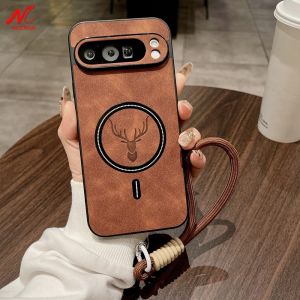 Cartoon Deer Leather Case for Google Pixel 9A 9 10 Pro XL 8 7 Wristband Lanyard Wireless Charger Cover for Pixel 8A