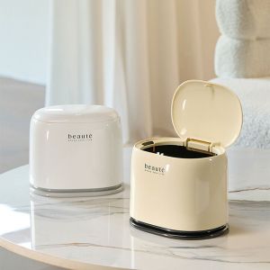 SI958 สร้างสรรค์ ถังขยะตั้งโต๊ะ แบบกด ความจุขนาดใหญ่ ตัวจัดระเบียบห้องน้ำ แบบครีม ปิดผนึก กล่องเก็บของตั้งโต๊ะ ของใช้ในครัว