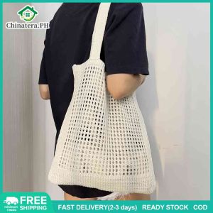 [Fast Delivery] 2024 Multicolor Knitted Braid Bags Vintage Wool Knitting Shoulder Shopping Bag for Women Fashion Weave Cotton Cloth Tote Shopper Bag Large Female Handbag Beach Purse