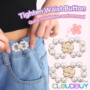 C.B.【Ready in Stock】 Adjustable Waist Buckle Rose Flower Pearl Jean Pant Button Detachable Alloy Waist Tightener Pins