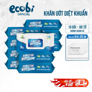 Thùng 10 gói khăn ướt cồn 60 tờ diệt khuẩn cao cấp Disinfecting Wipes hương chanh sả an toàn cho da