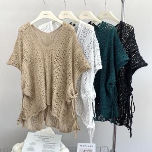 NAOX2MF Womens Knit Sweater V-neck Hollow Short-sleeved Thin Loose Blouse Top