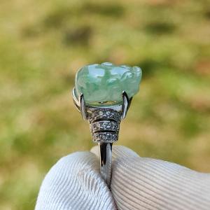 Icy Light Green with green patches Natural Type A Jadeite Jade crafted as Pixiu set on S925 adjustable as Ring with certificate weigh 2.68 grams measurement 10.5 * 7.7 * 4.6 mm (s925ring7)