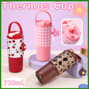 710ml Thermos Cup with Handle Vacuum Insulated Portable Double Drink Spout Straw Water Bottle