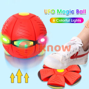 Flying Ball Toy Throw Disc Ball UFO Flat Magical Flying Saucer Ball Magic Change Shape Toys Outdoor Step Ball Deformation Foot Ball with Colorful Light for Kids