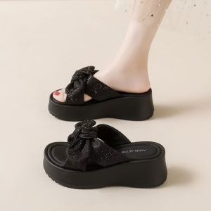 Free Shipping Thick-Soled Rhinestone Bowknot WomenS Slippers 2026 Summer New Style Fashionable And Versatile Soft-Soled Height-Increasing Slippers For Outdoor Wear