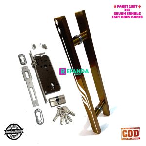 paket 1set lock body kunci dan 2buah gagang handle pintu rumah model baut tembus pilihan panjang 33cm 45cm dan 60cm bahan stainless untuk pintu depan dan kamar daun pintu 1