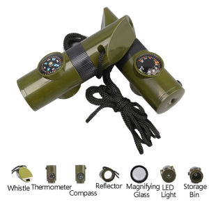 7 in 1 Outdoor Emergency Rescue Whistle with Hanging Rope Jungle Survival Whistle Kit with Compass Torch Magnifier LED Light