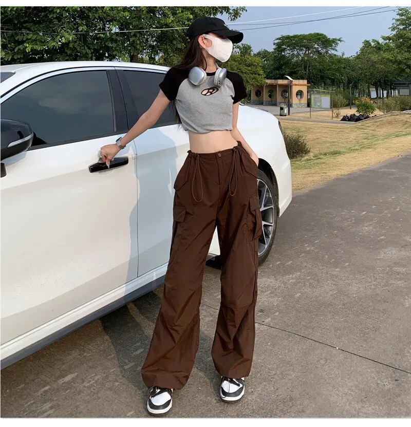 Ready Stock-HOUZHOU Y2K Streetwear Brown Cargo Parachute Pants Women Vintage  Retro Hippie Oversize Wide Leg Trousers Female 90s Aesthetic