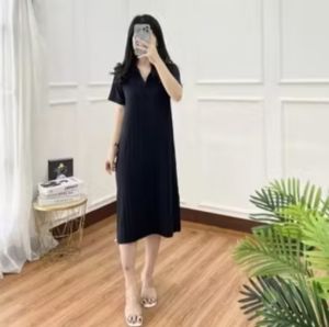 dress polos knit rajut kerah wanita dewasa terndy knit slit//midi dress wanita /dress kerah wanita