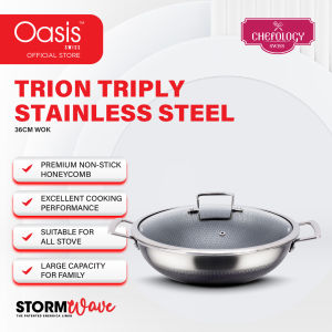 Chefology Trion Triply Stainless Steel Non-Stick Honeycomb Glass Lid Wok Periuk Tidak Lekat 36cm