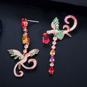 SEQUITO Women Lucky Fenghuang Bird Long Drop Earrings Rose Gold Color Pave Setting AAAAA CZ Zirconia Prom Party Vivid Jewelry Accessories SE717