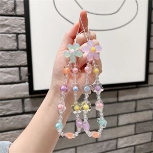 DOUBLEL Colorful Flowers Sweet Telephone Jewelry for Women Girls Transparent Beads Anti-Lost Cellphone Strap Phone Lanyard Mobile Phone Chain Phone Case Lanyards