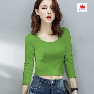 [ Siêu Sale ] Áo Thun Croptop Cổ Tròn Dài Tay Dáng Ôm Body Vải Co Giãn Màu Trơn Basic Trẻ Trung