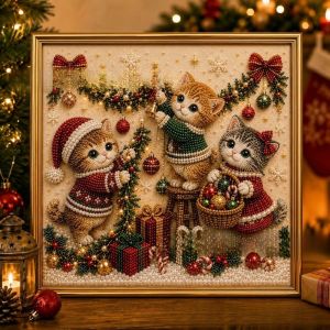 LZHDP MALL Handmade Christmas Rhinestone Painting Art Kit Cartoon Cat With Frame Santa Crystal Painting Set Home Decor Xmas Tree DIY Pearl Bead Art Kit Christmas