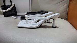 [Free Shipping] Square-Toed Pearl Clip-On Flip-Flops for Women New Summer Design with Thin High Heels