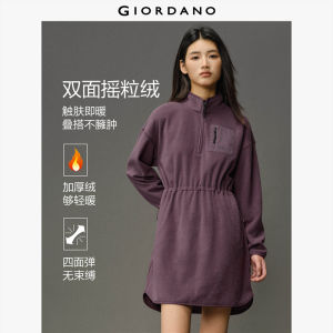 Giordano Women Fleece Patch Pocket Collar Adjustable Waist Knitted Dress Free Shipping 12465008