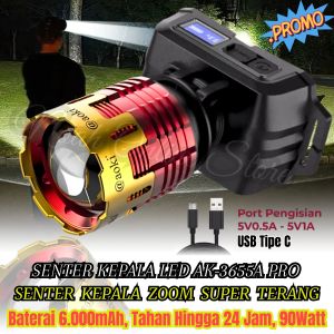 Senter Kepala AOKI 90 Watt Body IRON EDGE AK 3655A PRO Cahaya Putih / Senter Kepala LED AOKI AK-3655A PRO Senter Kepala Zoom / Senter Kepala 90W Headlamp LED Senter Kepala Anti Air Aoki~NOS