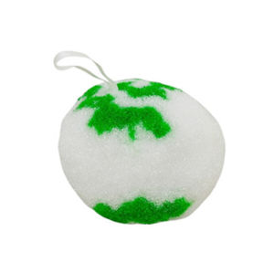 Blue and white round kitchen sponge with hanging loop for cleaning.