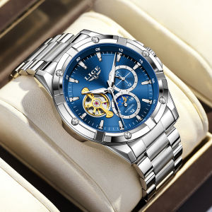 LIGE Mechanical Watch Men Automatic Tourbillon Lumious Chronograph Waterproof Sports Steel Band Watches + Box