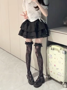 Womens Japanese Style Sheer Flower Lace Fishnet Thigh Highs Stockings JK Sweet Ruffle Trim Frilly Over Knee Long Socks