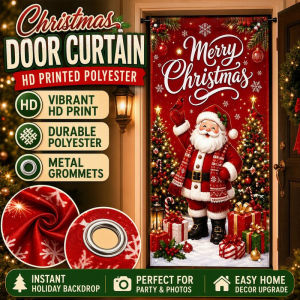 Christmas Door Curtain HD Printed Polyester Backdrop Cloth with Grommets for Xmas Party Wall Decor