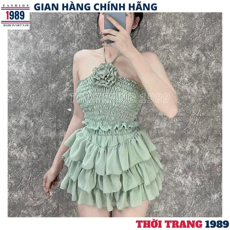 Sét áo ống hồng đan dây eo + chân váy jean - Bỏ Sỉ Quần Áo