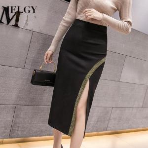 IELGY Womens pants fashion skirt mid-length casual high waist split all-match simple black