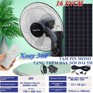 Quạt treo tường năng lượng mặt trời 16 inch Solar Fan 25000mAh 25W sử dụng tới 30h động cơ không chổi than  Bảo hành 24 tháng tặng dây nối