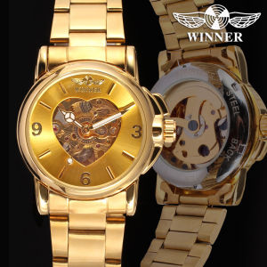 Original Winner skeleton heart-shaped dial stainless steel watch gold ladies fashion casual watch mechanical clock. Woman gift