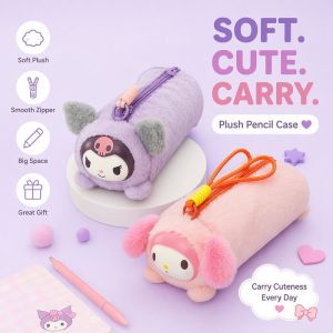 Plush Pencil Case Cute Cartoon Large Capacity Stationery Bag Kids Girls School Supplies Gift