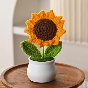 Korean Knitting Crochet Flower Sunflower Rose Tulip In White Pot Plant for Birthday Gift Teacher