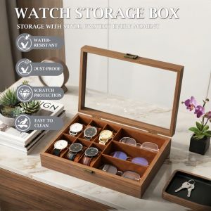 Wooden Watch Sunglasses Organizer - 6+3 Slots Wooden Watch Storage Box .Watches Case Organizer