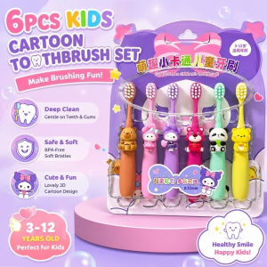 6PCS Kids Toothbrush Set Baby Cute Cartoon Design Soft Secure Oral Care for Kids Gift 3-12Y