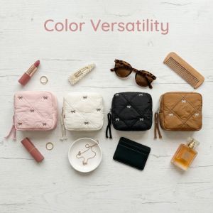 SINGLE Quilted Bow Cosmetic Bag Portable Multi-functional Sanitary Napkin Storage Bag Cute Polyester Toiletry Bag Trave