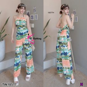 P18577 Set 2 ชิ้น เสื้อสายเดี่ยวคล้องคอ โบว์หลัง + กางเกงขากระบอก พมพืลายมัดย้อม