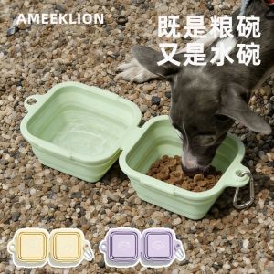 OUTOPEN Leakproof Silicone Folding Pet Bowl 2-in-1 Dual Bowl Feeder Bowls Easy Clean Thickened Dog Food Feeding Basin Outdoor