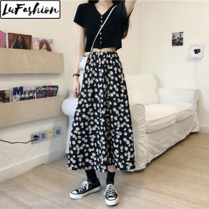 LuFashion Long Skirt for Women Summer Print High Waist Casual Skirts