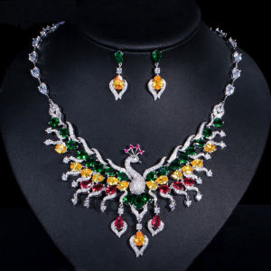 SEQUITOออกแบบพิเศษMulticolor Cubic Zircon Statement Big Phoenixจี้สร้อยคอต่างหูVintageอัญมณีชาติพันธุ์ชุดSJ136