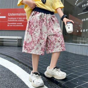 Hot Deals Tweens Boys Fashion Pink Shorts with Floral Print Teenage Children Loose Style Koreann Casual Shorts Kids Capri Pants