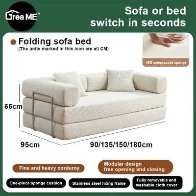 【10 Years Warranty】DreaME Furniture Folding sofa bed integrated dual-purpose full sponge roll pack compressed fabric sofa with handrail 0.9/1.35/1.5/1.8M Applicable to living room three-person small living room sofa set available on different colors