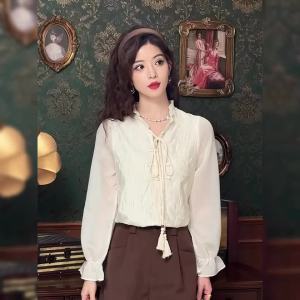 AMMIN 2025 Autumn New Chinese Style Floral Embroidery Design V-Neck Long Sleeve Shirt for Women Fashionable High-End Retro Lace-Up Button Commuting Elegant Blouse