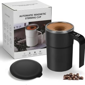 Electric Magnetic Self Stirring Mug with Lid Automatic Stirring Cup with Digital Display Rechargeable Self-Mixing Mug for Coffee Tea Hot Chocolate (Black)