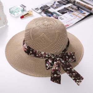 GU Topi Pantai Bunga Vintage Pita Polkadot Besar Topi Pantai Wanita Jerami Jogging Knit Visor Lipat Anti UV Fashion Wanita Korea Import